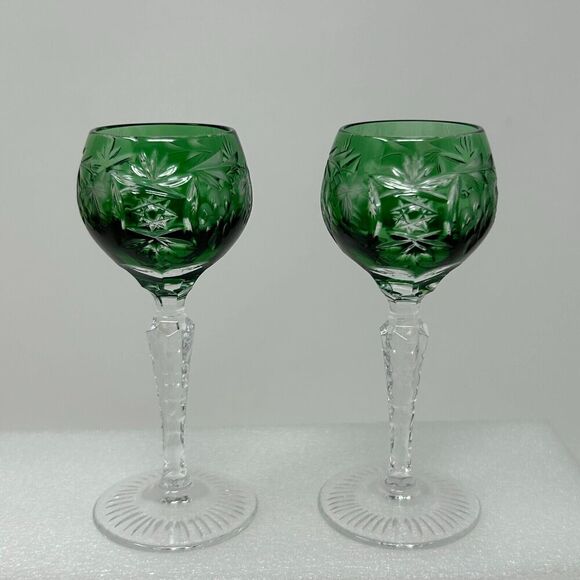 Nachtmann Traube Emerald Green Cordial 4.75” Cut To Clear Crystal Glass Set 2 - Picture 2 of 16